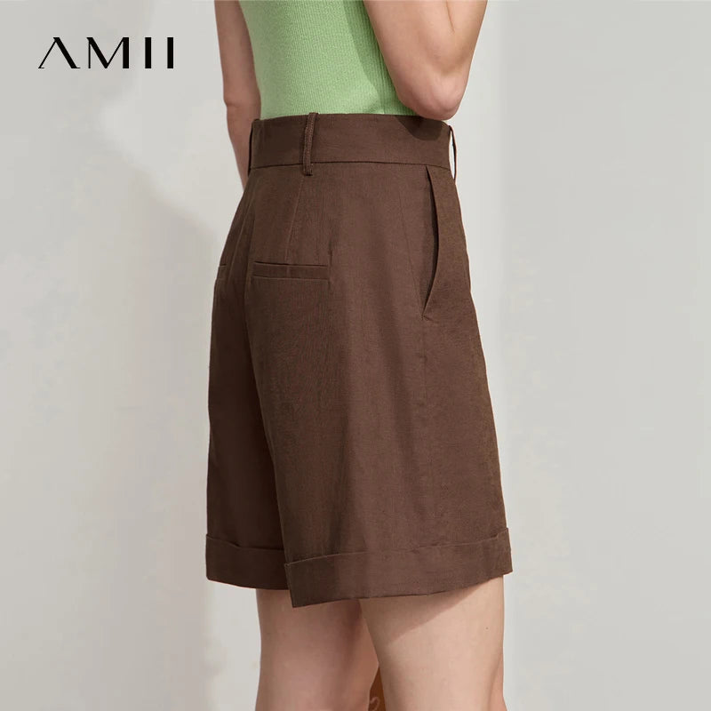 ខោខ្លីរដូវក្តៅថ្មីរបស់ Amii Minimalist សម្រាប់ស្ត្រី ខោរលុង ខោកប្បាស ក្រណាត់លីនីន បត់ដៃអាវ ខោខ្លីសម្រាប់ធ្វើដំណើរ 12542107