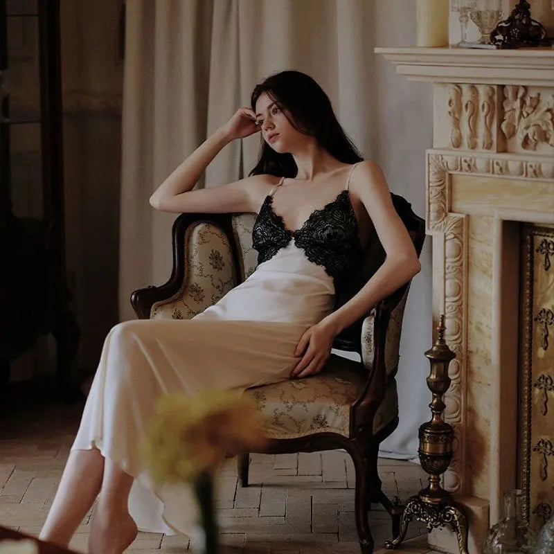 Sexy Chemise Sleepwear Lace Backless Nightdress Ice Silk Pajamas Women Lingerie Long Home Dressing Gown Nightgown Loungewear