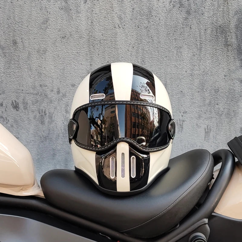 Retro ORZ helmet, fiberglass full face helmet, caf é racing driver, lightweight shell, motorcycle helmet, retro leather