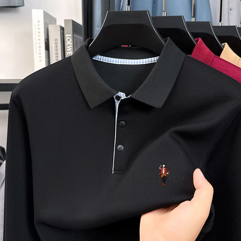 100%Cotton Man Long Sleeved Polo Shirt Lapel Button Exquisite Letter Embroidery Autumn Winter New Business Casual Men's Clothing
