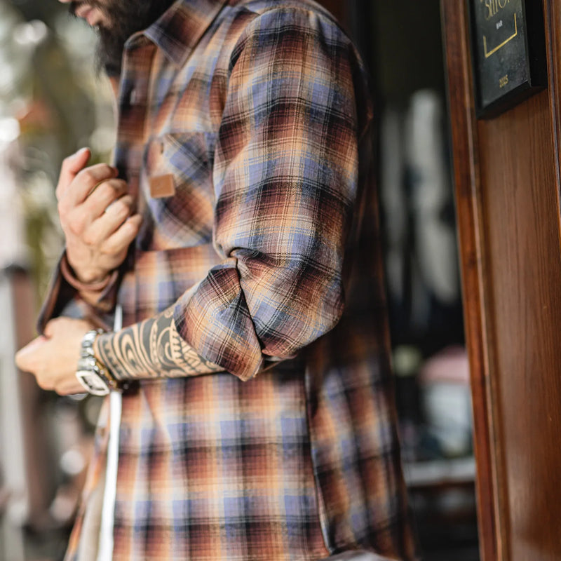 Maden Men's Vintage Ombre Plaid Shirt Sherpa Fleece Warm Blouse Cotton Long Sleeve Thickened Tops for Layering for Autumn Winter