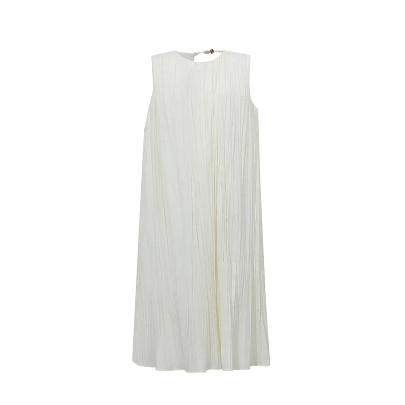 Amii Sleeveless Women's Dress 2026 Summer New Round Neck Tie Pleated Midi Dress Loose Fit Casual Elegant Woman Clothes 12622203