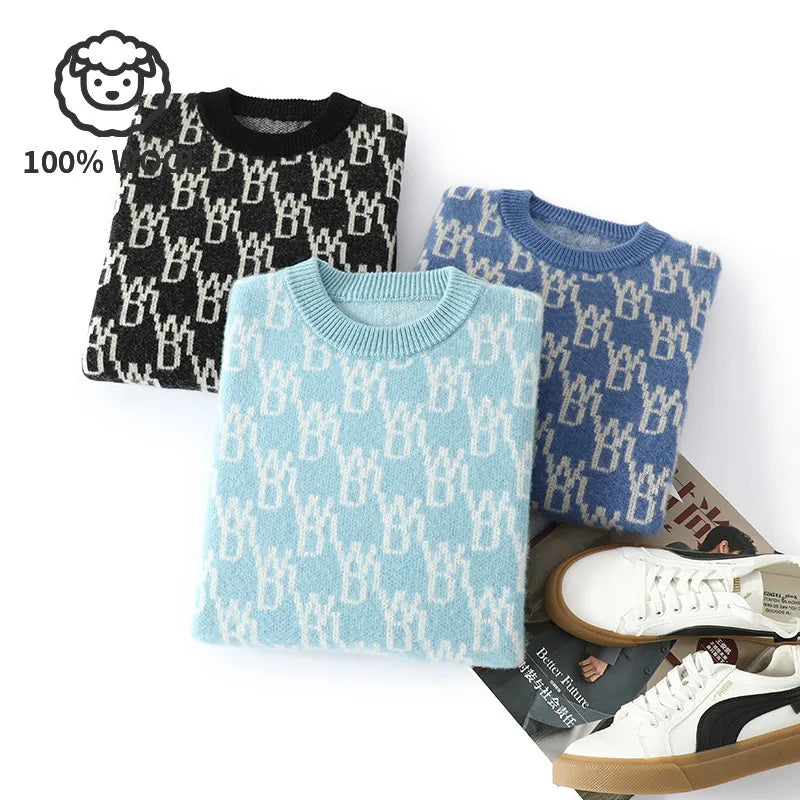 Unisex 100% Wool Sweater, Color Block Jacquard Round Neck, Loose Fit Winter New, High-end Fashionable Warm