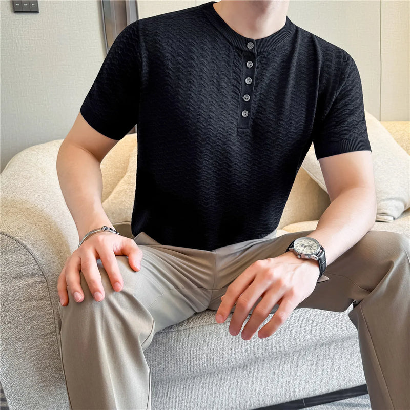 Men's Short Sleeve Polo Shirt Diamond Jacquard Texture Knitted Slim Fit Henley Collar Business Casual T-Shirt Old Money Style