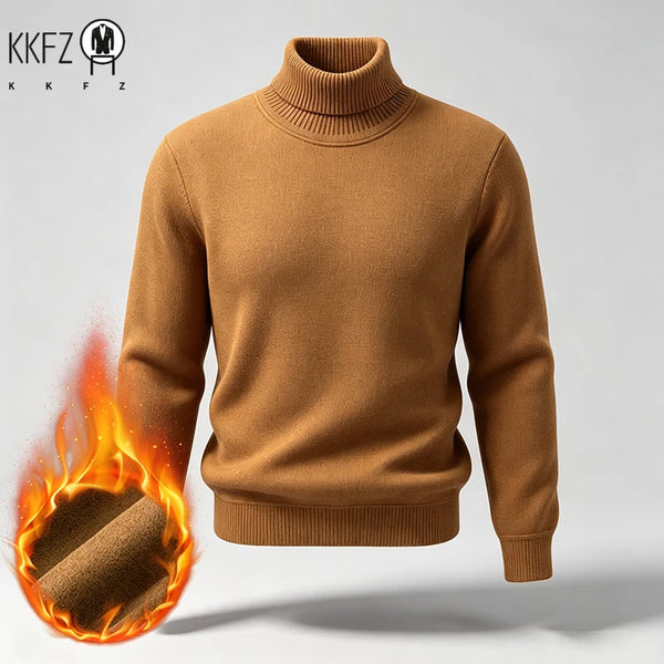 Men Fleece Lined Turtleneck Knit Sweater Ribbed Cuff Thermal Pullover For Winter Urban Daily Commute And Street Casual Outfits