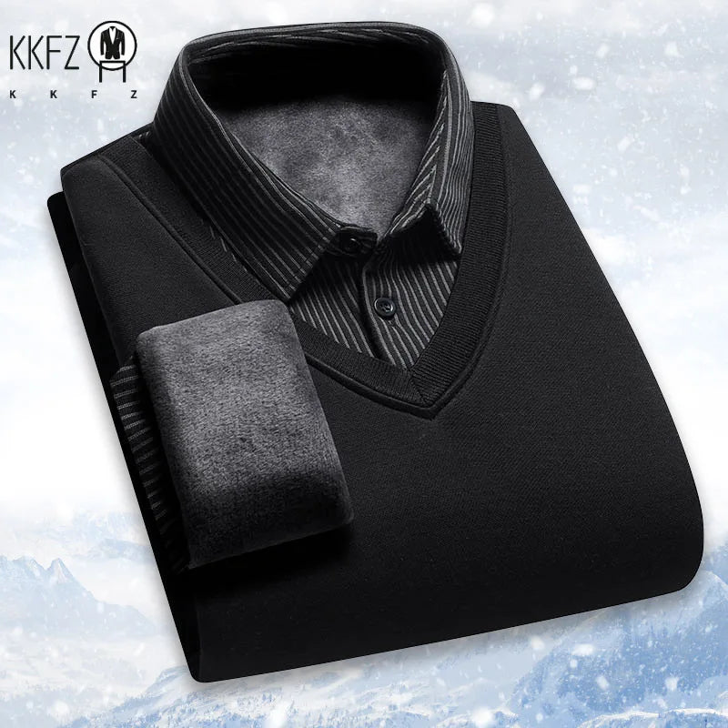 Mens Long Sleeve Collared Pullover Fake Vest Knit Design Full Fleece Lined Vertical Stripe Thermal Cold Weather Business Attire
