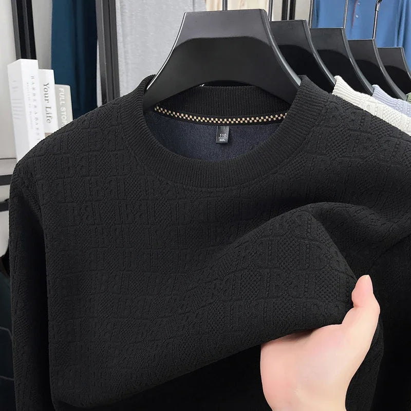 Mens Winter Long Sleeve Knit Top All Over Embossed Pattern Fleece Lined Round Collar Comfort Business Shirt