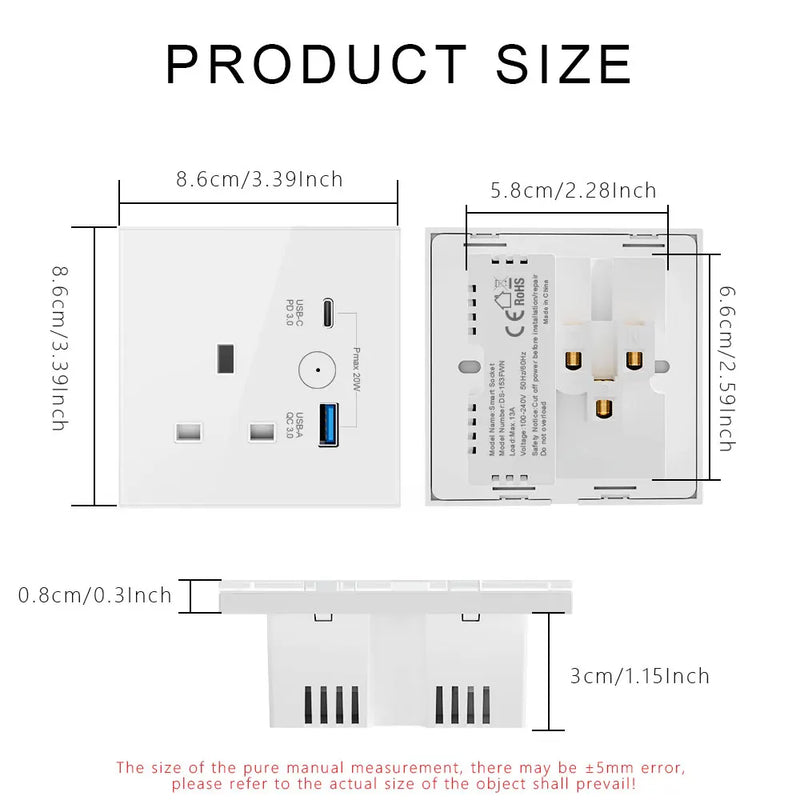 UK WiFi Smart Tuya USB Type-C 20W Fast Charging Socket Glass 13A Outlet Touch Switch Wireless Charge Work with Alexa Google Home