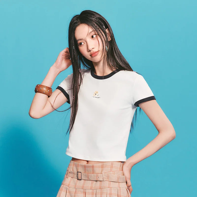 Semir Women Tshirt Cropped Slim Contrast Short Sleeve Summer 2026 Casual Graphic Print Everyday Fashion Top Tee