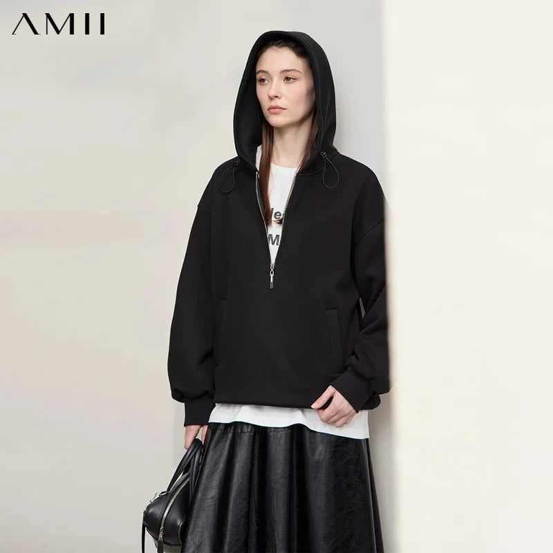 AMII Hoodies Woman 2026 Winter New Casual Hooded Zipper Semi-open Woman Sweatshirts Long Sleeve Loose Cotton Top Female 12544110