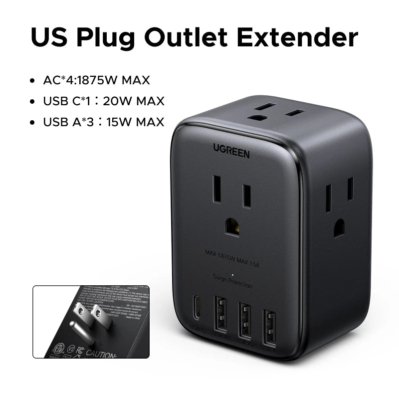 UGREEN Outlet Extender 20W Power Strip with 4 AC Outlets 3 USB A 1 USB C Wall Charger for Home Office Travel 1875W 15A 125V