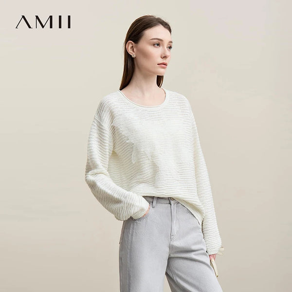 អាវយឺតប៉ាក់ Amii ឆ្នាំ ២០២៦ រដូវស្លឹកឈើជ្រុះថ្មី ក ស្មា ដៃអាវទម្លាក់ចុះ អាវធំពណ៌សុទ្ធសម្រាប់ស្ត្រី 12621093