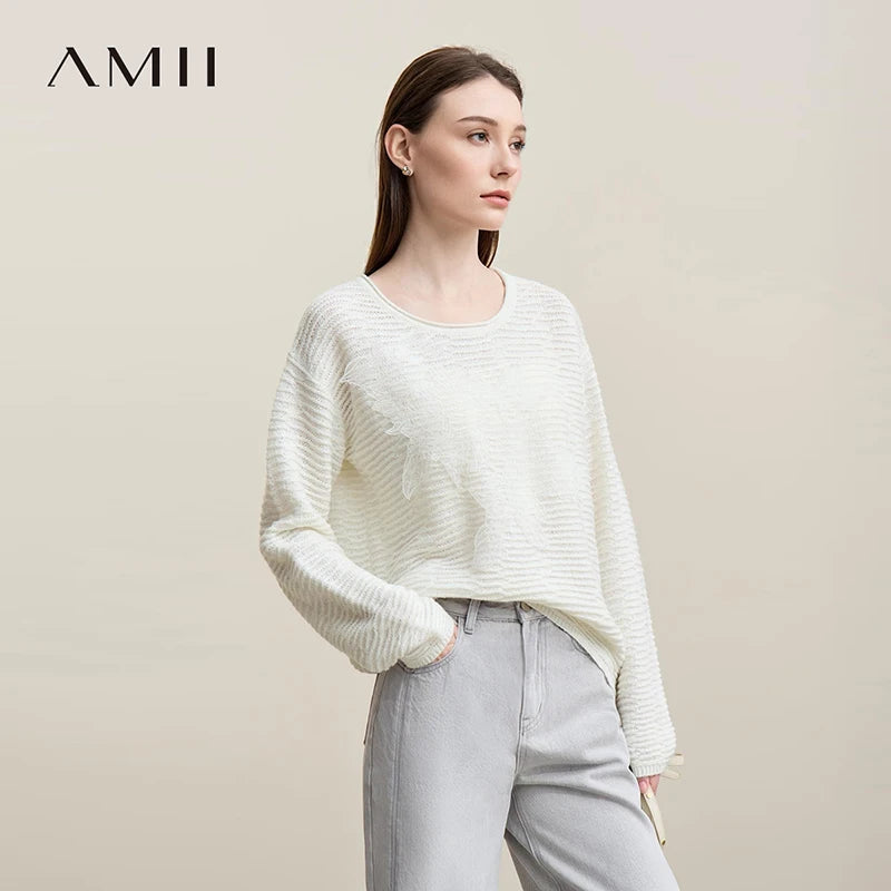 អាវយឺតប៉ាក់ Amii ឆ្នាំ ២០២៦ រដូវស្លឹកឈើជ្រុះថ្មី ក ស្មា ដៃអាវទម្លាក់ចុះ អាវធំពណ៌សុទ្ធសម្រាប់ស្ត្រី 12621093