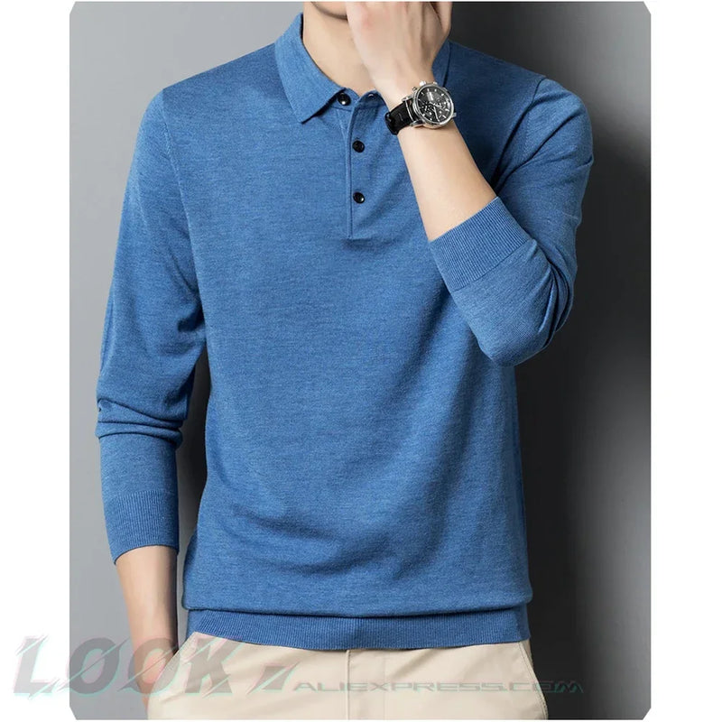 Men's Autumn Long-Sleeved Wool Blend Solid Color Polo Pullover Sweater with Lapel, Casual Bottoming Sweater -Sizes M-4XL