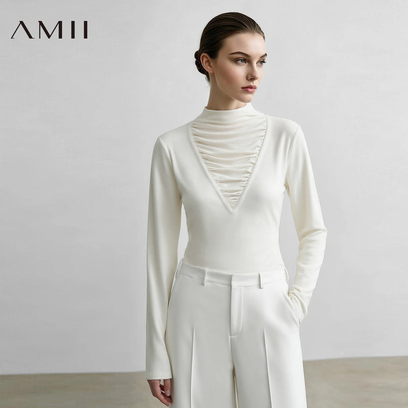 អាវយឺតដៃវែង Amii Pile Collar Slim Fit Elegant Comter Minimalist Versatile Winter 2026 Tops សម្រាប់ស្ត្រី 12644048