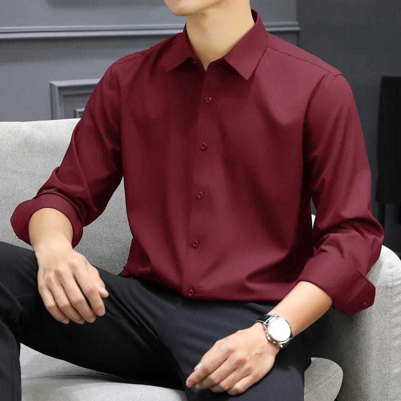 Men's Business Casual Long Sleeve Shirt Solid Color Wrinkle Resistant Comfortable All-Season Versatile Solid Color Top