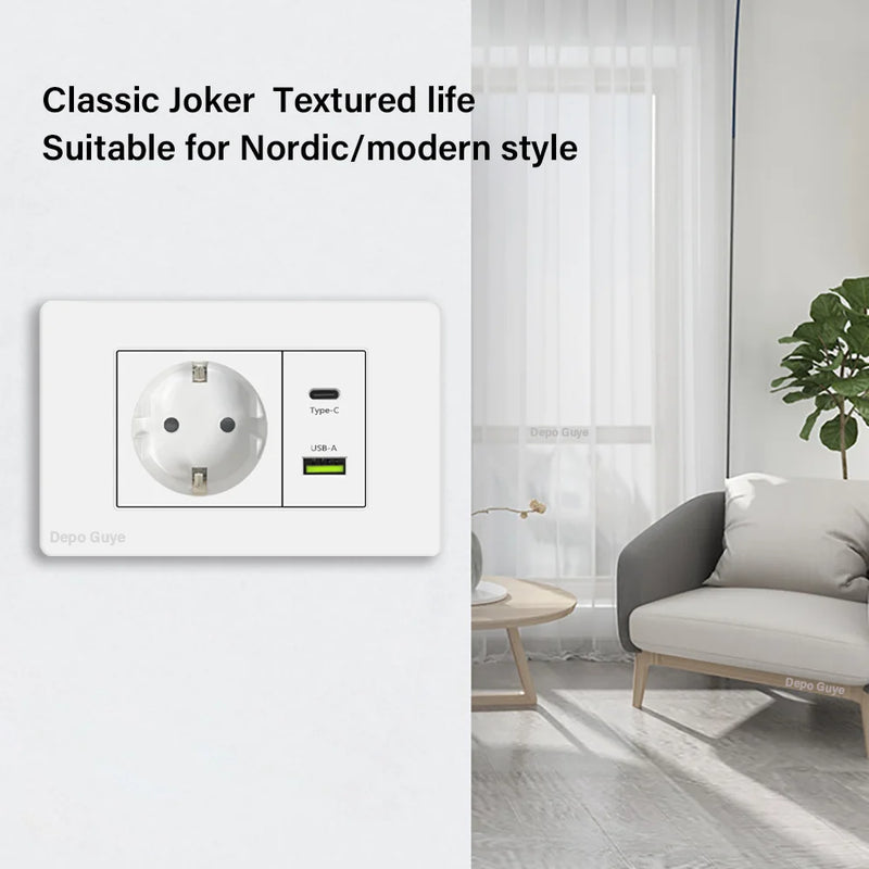 EU Korea Standard 4*2 Wall Light Switch Socket,USB Type-c 20W Fast Charger plug,1/2/3/4/Gang 2 Way Switch PC Panel Power ON OFF
