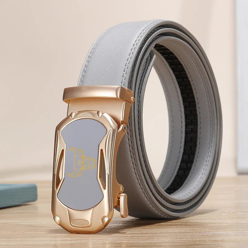 2026 New Width 3.0 Cm Gray Belt Women's Fashion Casual Automatic Buckle Belts Men Cow Head Pattern Cinturon Female Waistband
