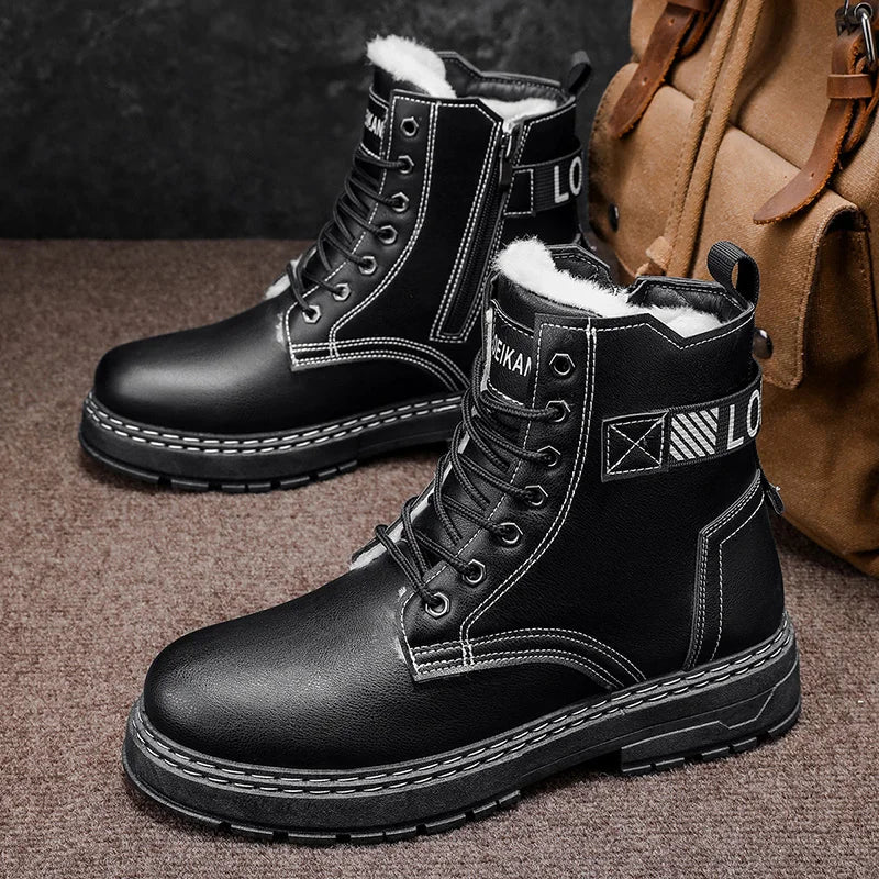 Men's work boots winter warm plush non-slip soft-sole comfort outdoor casual boots fashion Joker plus size high-top cotton boots