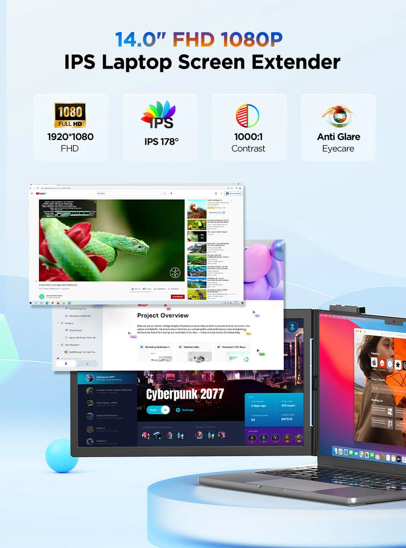 ម៉ូនីទ័រកុំព្យូទ័រយួរដៃ UFree Z14 FHD អេក្រង់បី ដែលអាចពង្រីកអេក្រង់បានឥតខ្សែ សម្រាប់កុំព្យូទ័រយួរដៃ ទូរស័ព្ទ PS5 Xbox Switch