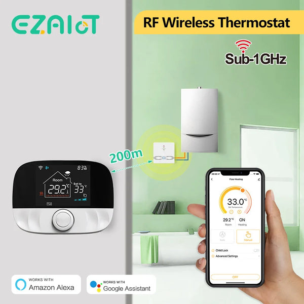 RF433 ទែម៉ូស្តាតឥតខ្សែ WiFi សម្រាប់កំដៅជាន់ទឹក ឡចំហាយឧស្ម័ន បន្ទប់ផ្ទះ Tuya ឧបករណ៍បញ្ជាសីតុណ្ហភាពដែលអាចសរសេរកម្មវិធីបានឆ្លាតវៃ