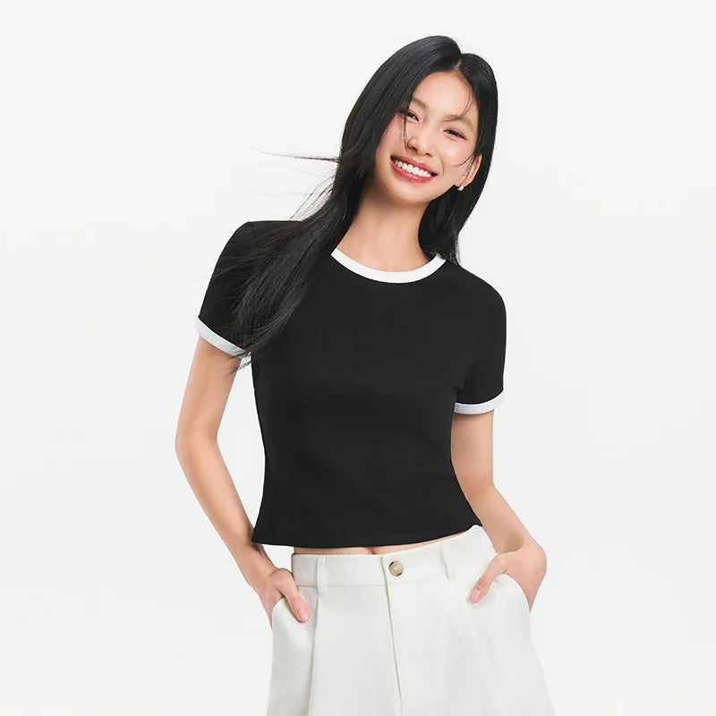 Semir Women Tshirt Cool Feeling Short Standard Shoulder Color Block Slim 2026 Summer Casual Style Fashion Soft Comfy Daily Top