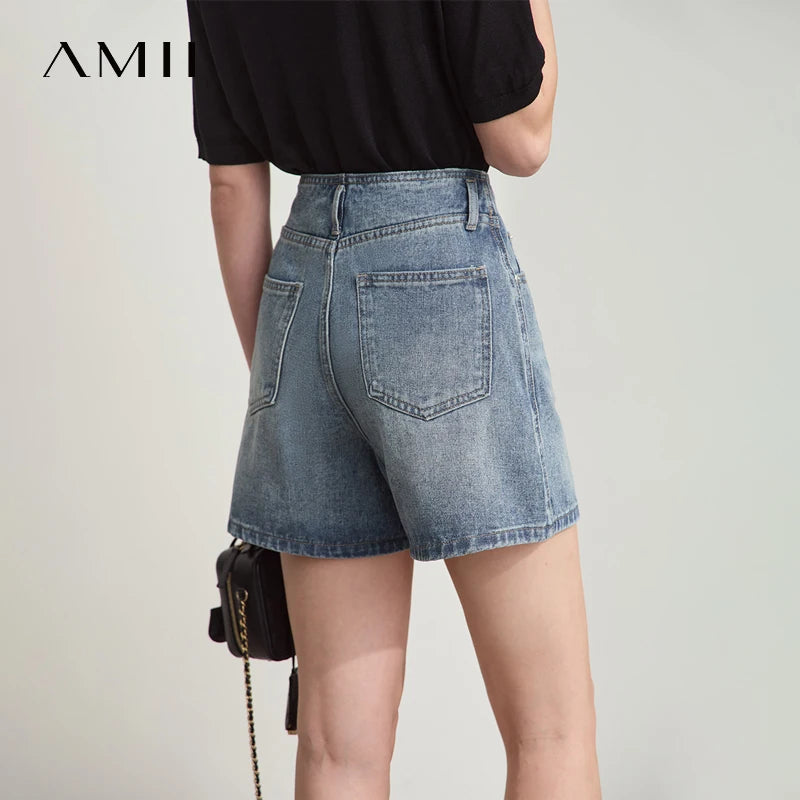 Amii Women's Shorts Minimalist 2026 Summer New Versatile Style Waistband-Free Retro Washed Cotton Casual Denim Shorts 12542225