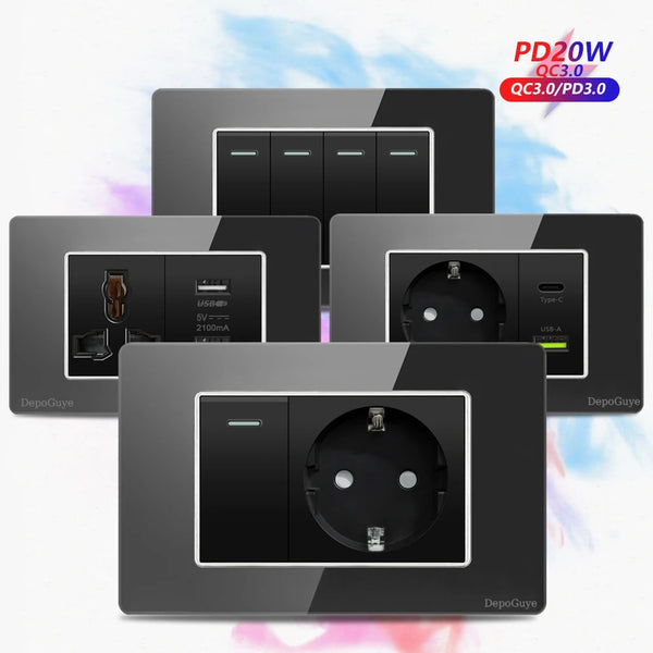 Type 118 Black Tempered Glass Panel EU Wall Light Switch,Europe Wall Socket With USB Type-c 18W Quick Charge Outlet 118*75mm