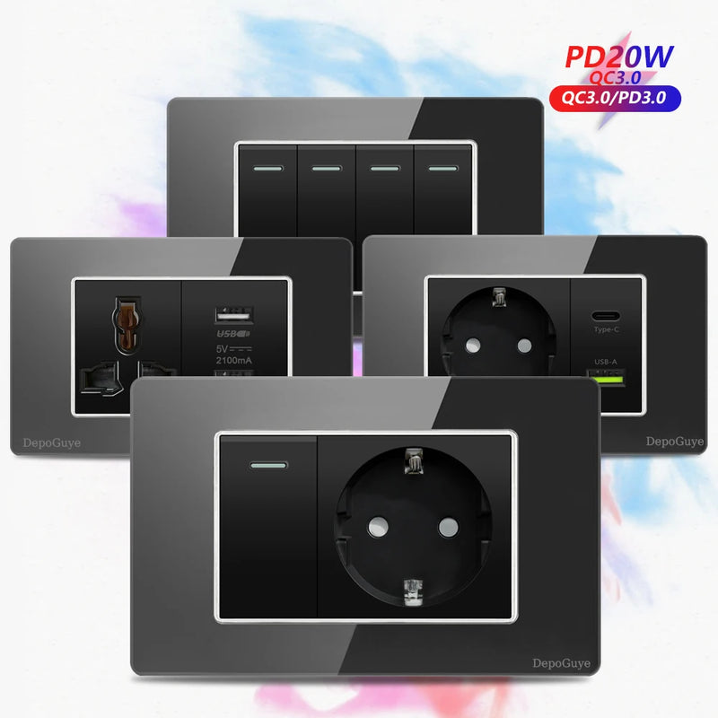 Type 118 Black Tempered Glass Panel EU Wall Light Switch,Europe Wall Socket With USB Type-c 18W Quick Charge Outlet 118*75mm