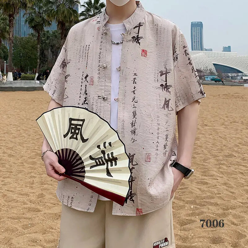 2026 Chinese Style Men's Short Sleeve Shirt with Chinese Characters Decorations and Asian Size Single Button Beach Casual Top