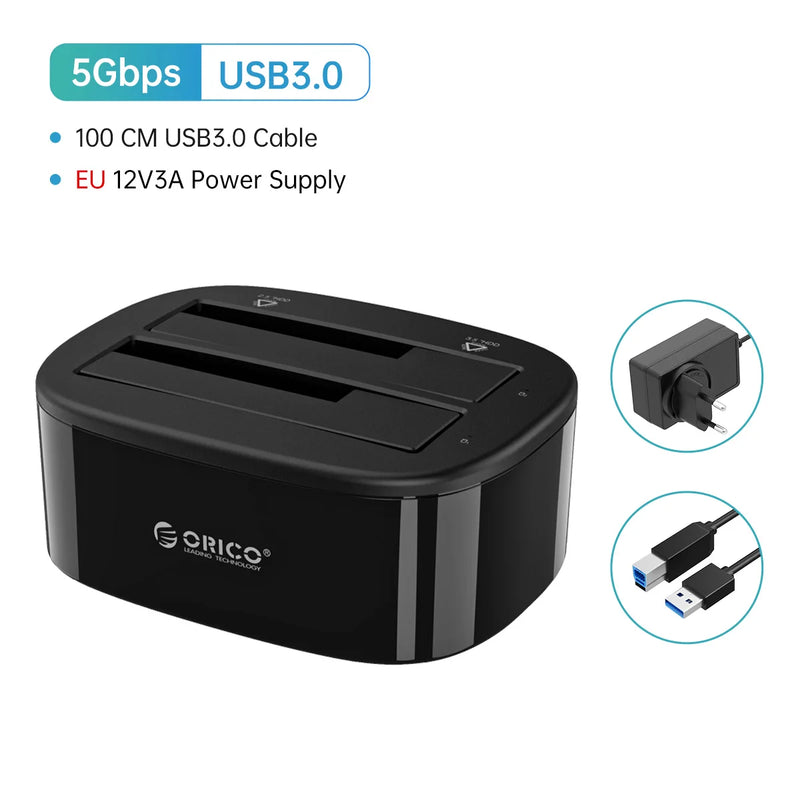 ORICO Dual-bay Hard Drive Docking Station for 2.5/3.5 Inch HDD SSD SATA to USB 3.0 HDD Docking Station with 12V3A Power Adapter