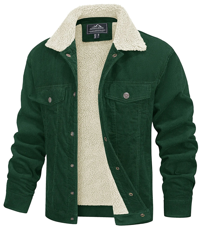TACVASEN Men's Winter Corduroy Sherpa Lined Warm Turn-Down Collar Jacket Daily And Outdoor Long Sleeve Coat With Utility Pocket