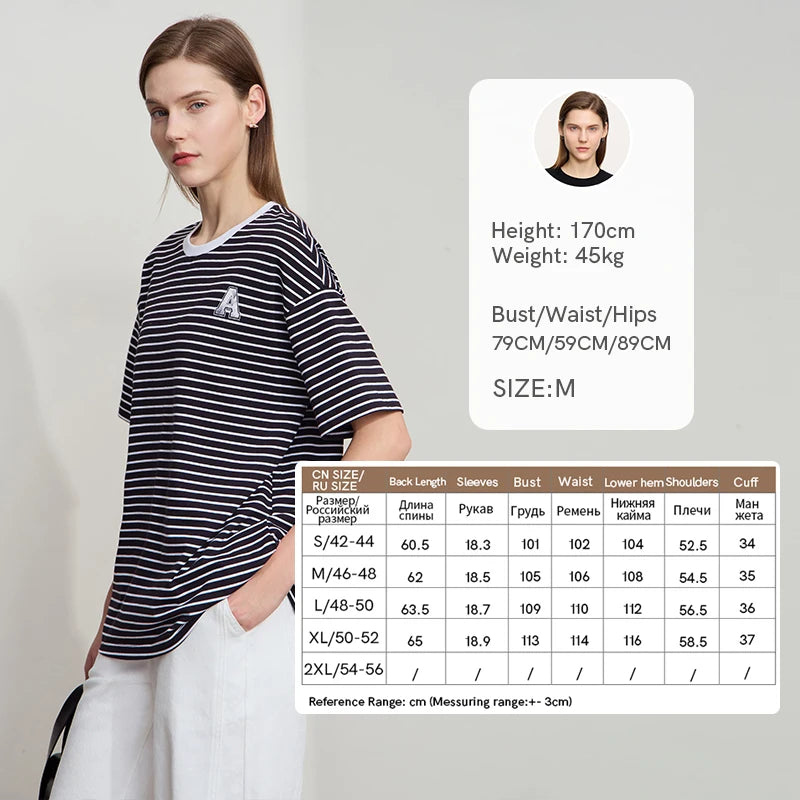 Amii 2026 Minimalist T-shirt Women Loose Elastic Striped Pure Cotton Dropped Shoulder Short Sleeves Printed Casual Tee 12522002