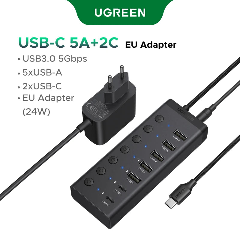 UGREEN USB-A/C HUB 7 Ports with DC Adapter US/EU/UK Plug USB3.0 5Gbps Data Transfer for Desktop PC Laptop USB Splitter Docking