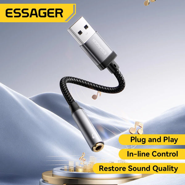 ខ្សែអូឌីយ៉ូ Essager USB ទៅ 3.5mm កាតសំឡេងខាងក្រៅ USB ស្រីទៅ 3.5mm Jack អាដាប់ទ័រសម្រាប់កាសស្តាប់ត្រចៀកកុំព្យូទ័រកុំព្យូទ័រយួរដៃឧបករណ៍បំពងសម្លេងប្តូរ