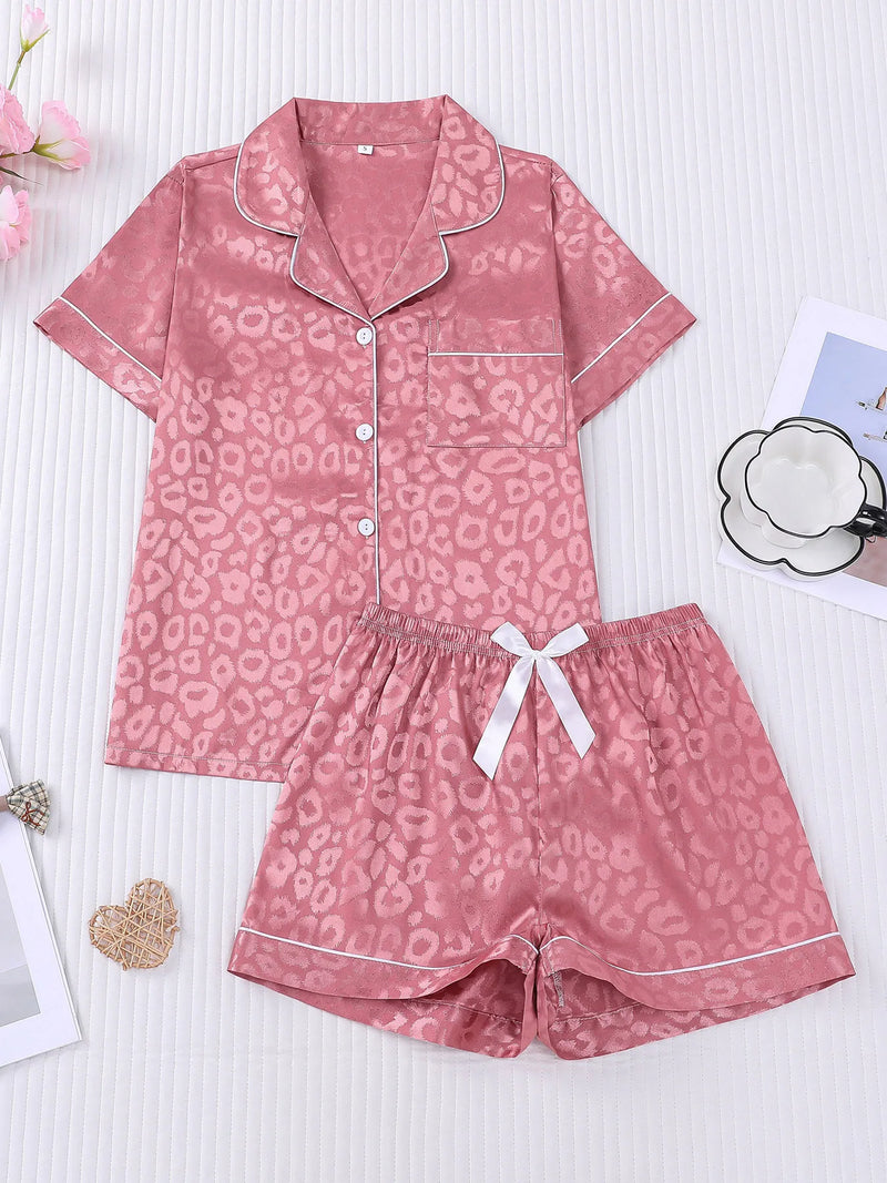 Leopard Print Summer Pajamas with Shorts Lapel Collar Tops Loungewear Sets Woman Nightwear New Ice Silk Short Sleeve Sleepwear