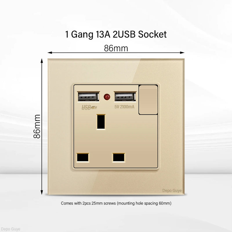 Gold UK 13A Tempered Glass Dual Socket,Universal Power Outlet With USB Type C 18W Quick Charge,Home Light Electric Switch Panel