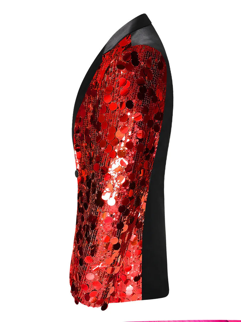 2‌026 Men's Red Sequin Tuxedo Jacket & Red Trousers Set - Stage Performance/Wedding/Party Formal Wear‌