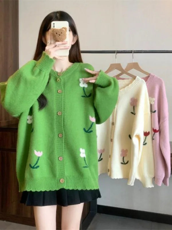 Korean Printed Woolen Knitwear Woman Clothing Loose Buttons Cardigan Sweater Long Sleeve Knit Jacket Female Spring Autumn Coat