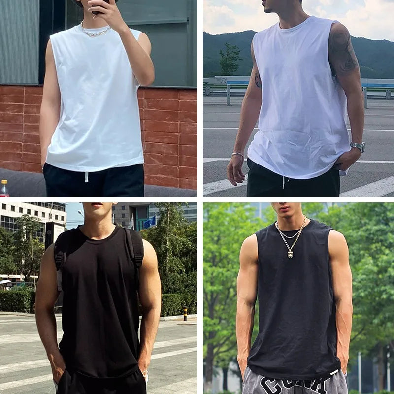DUKEEN Sleeveless T-Shirt Men's Summer Cotton Tops Solid Color Fitness Clothes White Sports Undershirt Unisex