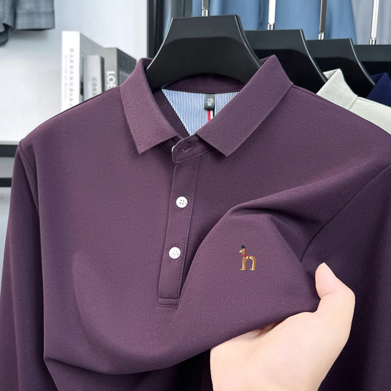 High Quality Men Long Sleeved Polo Shirt Lapel Button Exquisite Embroidery Not Deformed Autumn Winter Business Casual Men's Wear