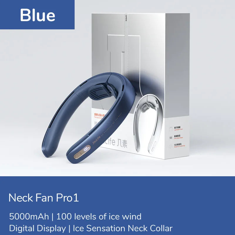 JISULIFE Portable Neck Fan，100 Speed Wind，5000mah Battery，17 Hour Work Time，Mini Electric Neck Fan Usb Rechargeable Neckband Fan