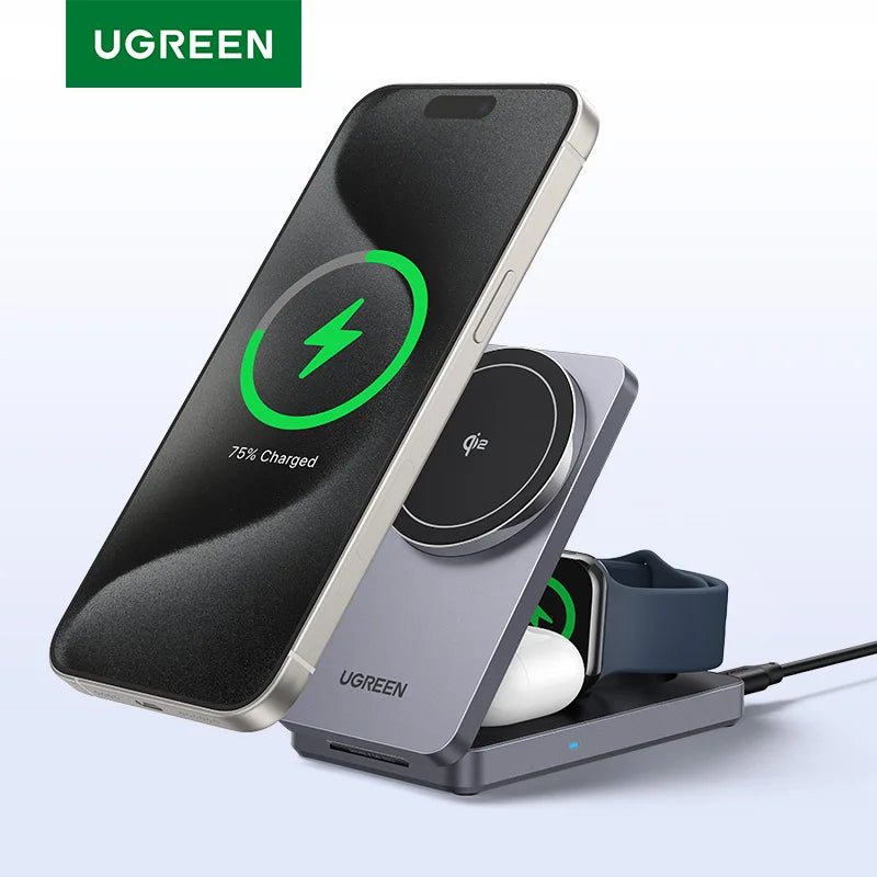 UGREEN 3-in-1 MFi 15W MAX Magnetic Wireless Charger Qi2 Certificated Charging Stand For iPhone 16 17 Pro Max Fast Charger