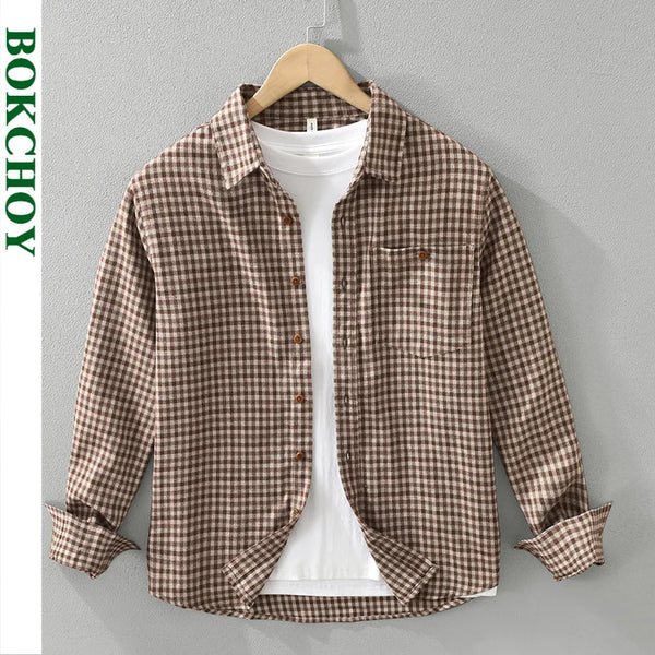 Spring Autumn Vintage Plaid Long Sleeve Shirts for Men Clothing Trend Big Pockets Soft Tops CM7390