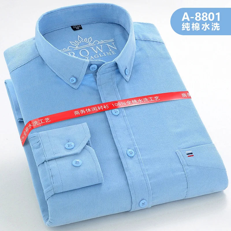 Spring Men's Yellow Long-Sleeve Shirt, Corduroy Collared Shirts, Asian Sizes, Available in Blue, Red, Gray, and Green.
