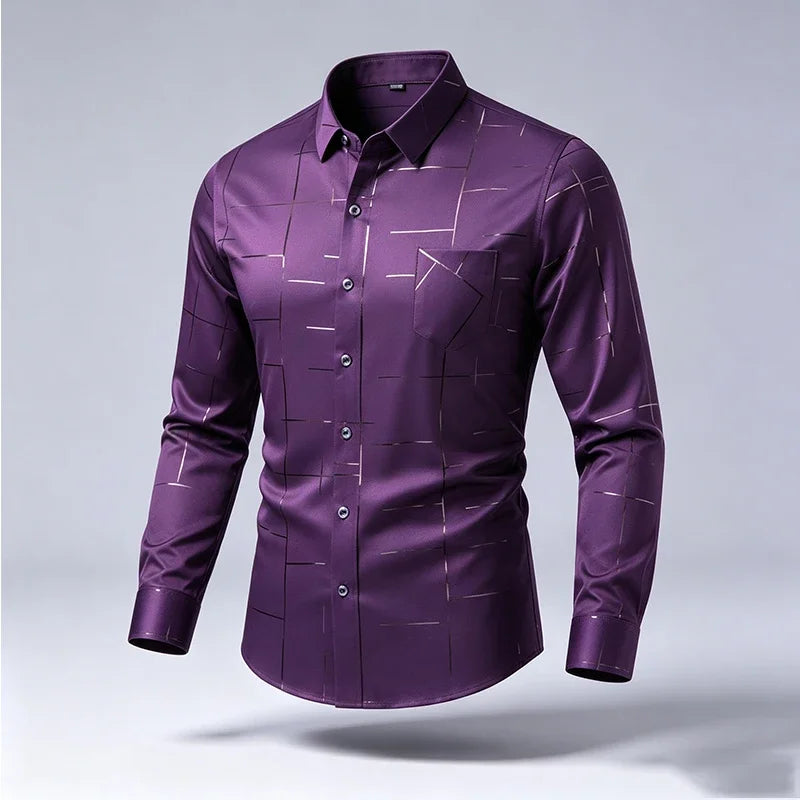 Male Spring Autumn Long Sleeve Shirts Lapel Style Wrinkle Free Fabric Geometric Line Print Chest Pocket Button Shirts