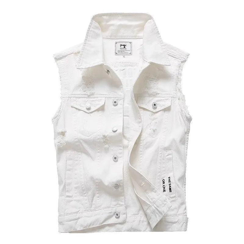 2026 New Men's White Sleeveless Denim Jacket, Single Breasted Lapel Vest Coat Blue Gray Black Denim Tops Waistcoat M-5XL 6XL