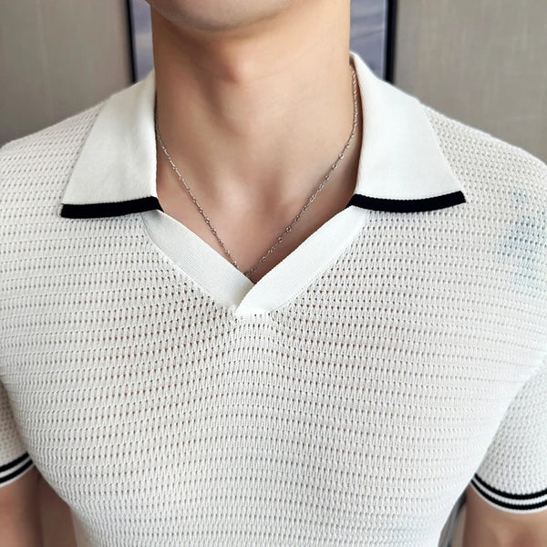 Men's Contrast Trim Knitted Polo Shirt - Slim Fit V-Neck Short Sleeve Summer Top | Breathable Textured Business Casual Tee