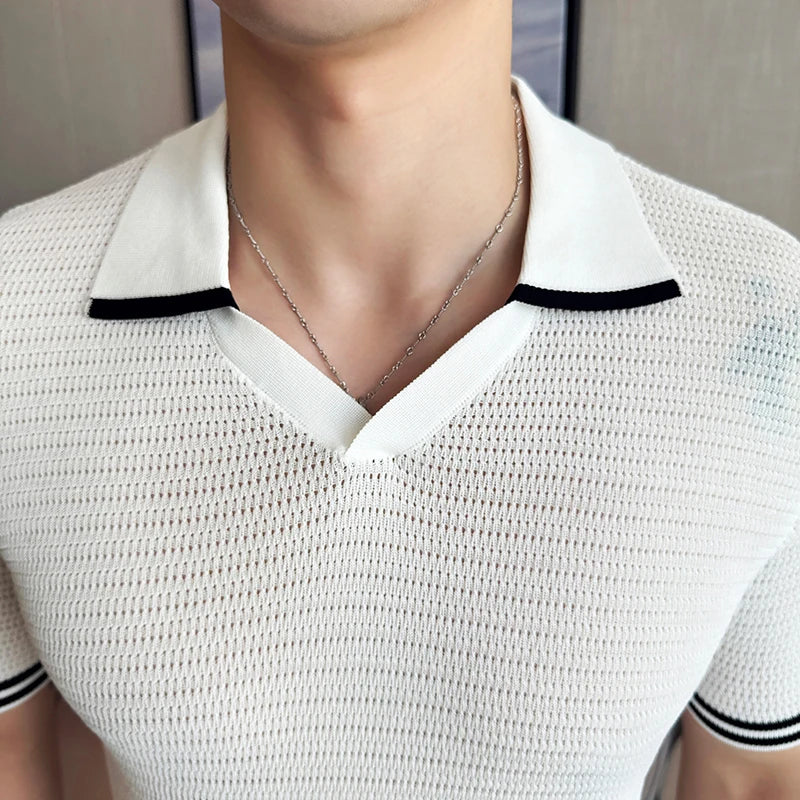 Men's Contrast Trim Knitted Polo Shirt - Slim Fit V-Neck Short Sleeve Summer Top | Breathable Textured Business Casual Tee