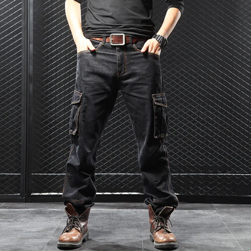 Men's Workwear-Style Blue Jeans, High-Quality Loose-Fit Denim Pants, Asian Sizes 30–42.